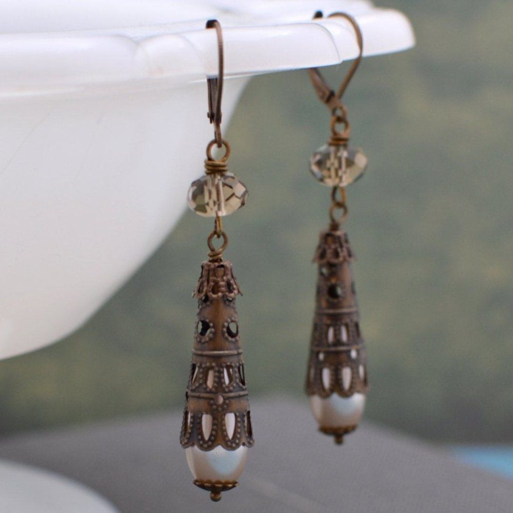 Antiqued Brass Filigree Long Drop Pearl Earrings